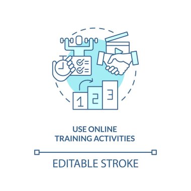 Use online training activities turquoise concept icon. Remote learning via video abstract idea thin line illustration. Isolated outline drawing. Editable stroke. Arial, Myriad Pro-Bold fonts used
