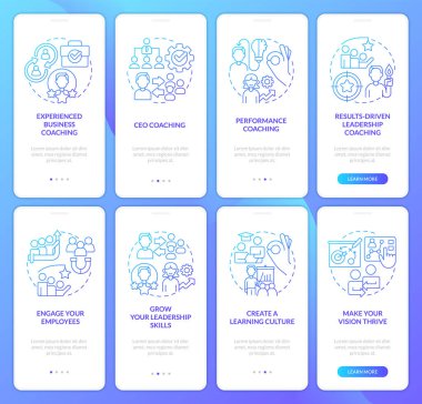 Coaching program for entrepreneurs blue gradient onboarding mobile app screen set. Walkthrough 4 steps graphic instructions with linear concepts. UI, UX template. Myriad Pro-Bold, Regular fonts used