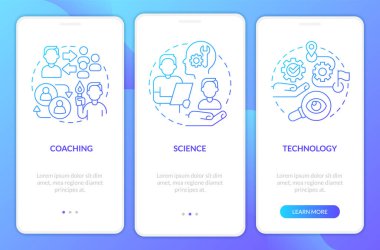 Achieve personal goals with platform blue gradient onboarding mobile app screen. Walkthrough 3 steps graphic instruction with linear concepts. UI, UX, GUI template. Myriad Pro-Bold, Regular fonts used