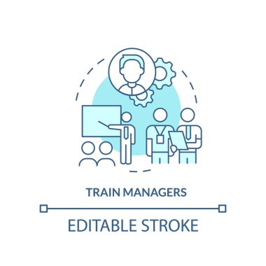 Train managers turquoise concept icon. Professional skills. Step to transformation abstract idea thin line illustration. Isolated outline drawing. Editable stroke. Arial, Myriad Pro-Bold fonts used