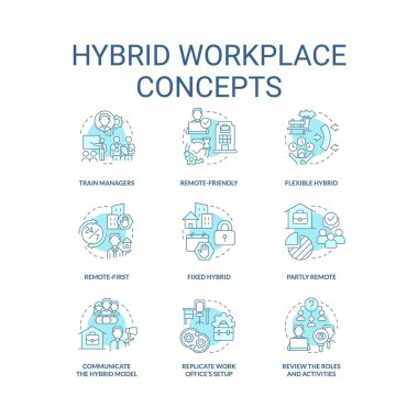 Hybrid workplace turquoise concept icons set. Work shifts. Flexible schedule idea thin line color illustrations. Isolated symbols. Editable stroke. Roboto-Medium, Myriad Pro-Bold fonts used