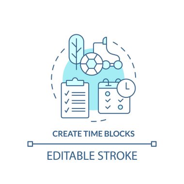 Create time blocks turquoise concept icon. Planning. Remote work productivity tip abstract idea thin line illustration. Isolated outline drawing. Editable stroke. Arial, Myriad Pro-Bold fonts used