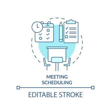 Meeting scheduling turquoise concept icon. Work planning. Business conference norm abstract idea thin line illustration. Isolated outline drawing. Editable stroke. Arial, Myriad Pro-Bold fonts used