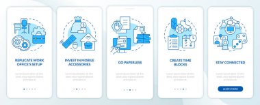 Remote work productivity tips blue onboarding mobile app screen. Walkthrough 5 steps editable graphic instructions with linear concepts. UI, UX, GUI template. Myriad Pro-Bold, Regular fonts used