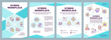 Hybrid workplace mint blue brochure template. Work schedule. Leaflet design with linear icons. Editable 4 vector layouts for presentation, annual reports. Arial-Black, Myriad Pro-Regular fonts used