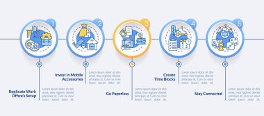Remote work productivity tips circle infographic template. Data visualization with 5 steps. Editable timeline info chart. Workflow layout with line icons. Lato-Bold, Regular fonts used