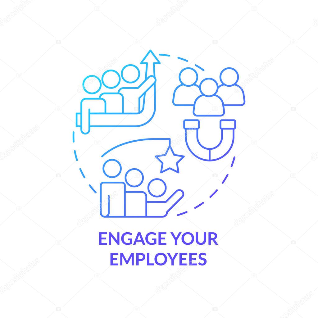 Engage employees blue gradient concept icon. Business coaching courses benefit abstract idea thin line illustration. Workers retention. Isolated outline drawing. Myriad Pro-Bold font used