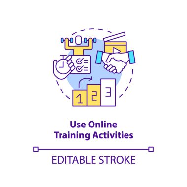 Use online training activities concept icon. Practice. Remote learning via video abstract idea thin line illustration. Isolated outline drawing. Editable stroke. Arial, Myriad Pro-Bold fonts used