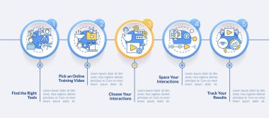 Creating educational video circle infographic template. Data visualization with 5 steps. Editable timeline info chart. Workflow layout with line icons. Lato-Bold, Regular fonts used