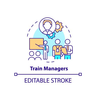 Train managers concept icon. Professional skills. Step to transformation abstract idea thin line illustration. Isolated outline drawing. Editable stroke. Arial, Myriad Pro-Bold fonts used