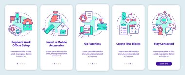 Remote work productivity tips onboarding mobile app screen. Walkthrough 5 steps editable graphic instructions with linear concepts. UI, UX, GUI template. Myriad Pro-Bold, Regular fonts used