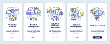 Creating hybrid environment onboarding mobile app screen. Workplace walkthrough 5 steps editable graphic instructions with linear concepts. UI, UX, GUI template. Myriad Pro-Bold, Regular fonts used
