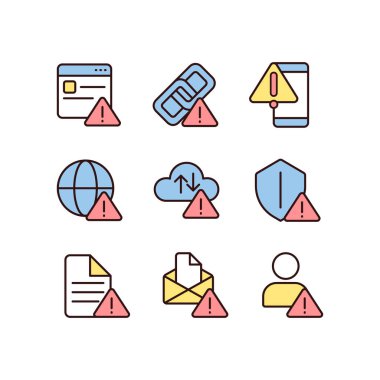 Network connect issues pixel perfect RGB color icons set. Access problem. Internet connection interruption. Isolated vector illustrations. Simple filled line drawings collection. Editable stroke