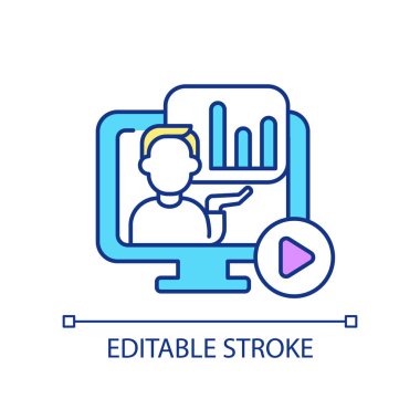 Watching video about financial analysis RGB color icon. Business analytics course. Accounting online program. Isolated vector illustration. Simple filled line drawing. Editable stroke. Arial font used