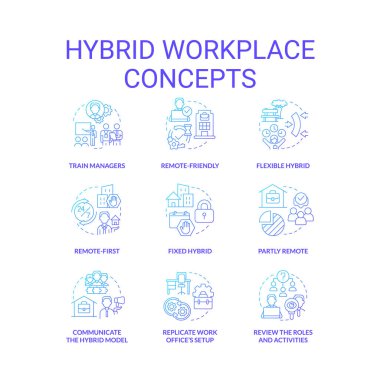 Hybrid workplace blue gradient concept icons set. Remote and in office work shifts. Flexible schedule idea thin line color illustrations. Isolated symbols. Roboto-Medium, Myriad Pro-Bold fonts used