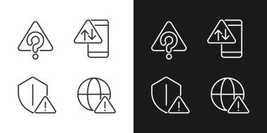 Internet connection issues pixel perfect linear icons set for dark, light mode. Unknown system error. Smartphone data problem. Silhouette symbols. Solid pictogram pack. Vector isolated illustration