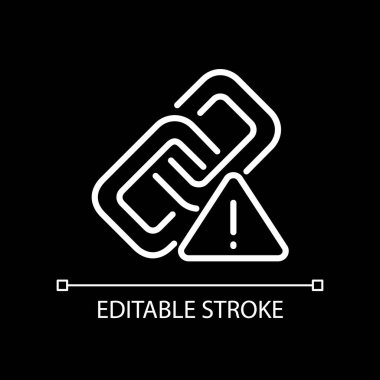 Wrong link white linear icon for dark theme. Broken hyperlink. Damaged connection. Redirecting failure. Thin line illustration. Isolated symbol for night mode. Editable stroke. Arial font used