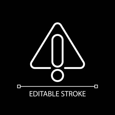 Warning sign white linear icon for dark theme. Danger and risk awareness. Important information. Thin line illustration. Isolated symbol for night mode. Editable stroke. Arial font used