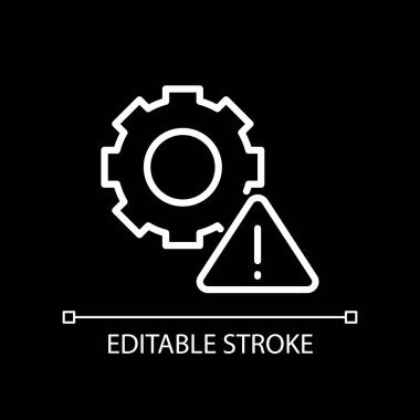 Technical warning white linear icon for dark theme. Program settings issue. Device configuration problem. Thin line illustration. Isolated symbol for night mode. Editable stroke. Arial font used
