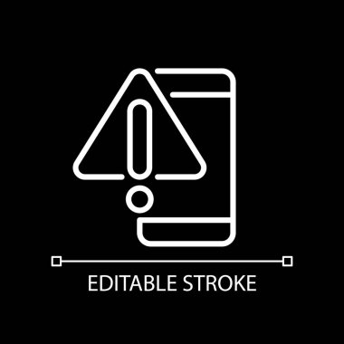 Phone warning white linear icon for dark theme. Mobile phone breakage. Smartphone touchscreen issue. Thin line illustration. Isolated symbol for night mode. Editable stroke. Arial font used