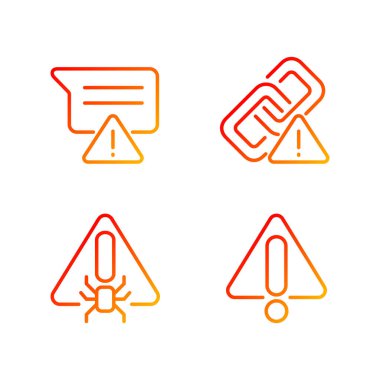 Computer problems pixel perfect gradient linear vector icons set. Virus danger. Isolated vector illustrations. Thin line contour symbol designs bundle. Isolated outline illustrations collection