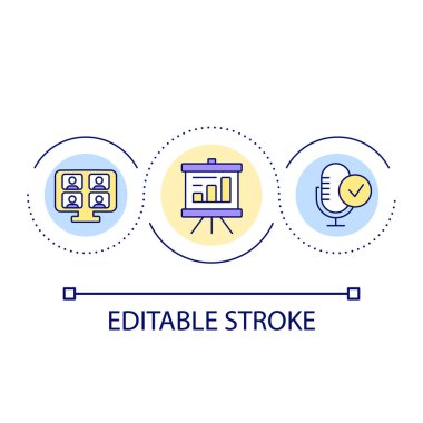 Equipment and materials for presentation loop concept icon. Online conference preparation. Meeting abstract idea thin line illustration. Isolated outline drawing. Editable stroke. Arial font used