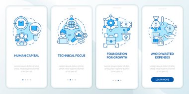 IT consulting for startups blue onboarding mobile app screen. Walkthrough 4 steps editable graphic instructions with linear concepts. UI, UX, GUI template. Myriad Pro-Bold, Regular fonts used