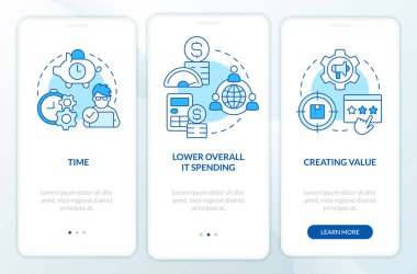 IT outsourcing benefits blue onboarding mobile app screen. Walkthrough 3 steps editable graphic instructions with linear concepts. UI, UX, GUI template. Myriad Pro-Bold, Regular fonts used