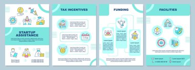 Startup assistance mint brochure template. Tax incentives. Leaflet design with linear icons. Editable 4 vector layouts for presentation, annual reports. Arial-Black, Myriad Pro-Regular fonts used