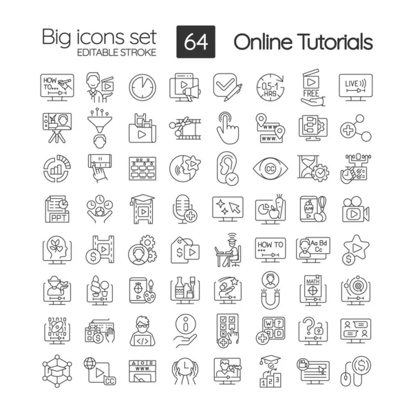 Online Tutorials Linear Icons Set Educational Content Elearning Customizable Thin — Vector de stock