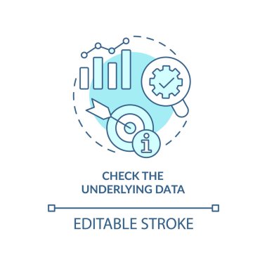 Check underlying data turquoise concept icon. Prevent wrong deal. Trend evaluation abstract idea thin line illustration. Isolated outline drawing. Editable stroke. Arial, Myriad Pro-Bold fonts used