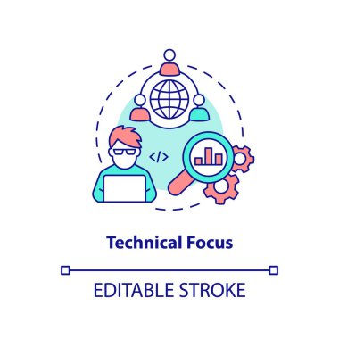 Technical focus concept icon. IT consulting for startup abstract idea thin line illustration. Diagnosing system faults. Isolated outline drawing. Editable stroke. Arial, Myriad Pro-Bold fonts used