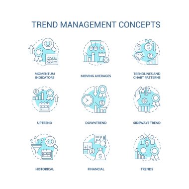 Trend management turquoise concept icons set. Tendencies analysing process. Strategy idea thin line color illustrations. Isolated symbols. Editable stroke. Roboto-Medium, Myriad Pro-Bold fonts used