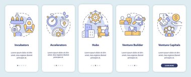 Startup support types onboarding mobile app screen. Accelerators, hubs walkthrough 5 steps editable graphic instructions with linear concepts. UI, UX, GUI template. Myriad Pro-Bold, Regular fonts used