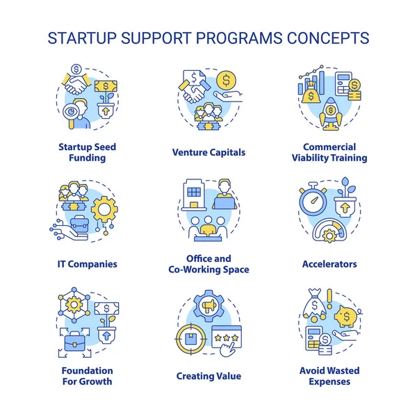 Startup Support Programs Concept Icons Set Funding Small Business Idea — Vector de stock