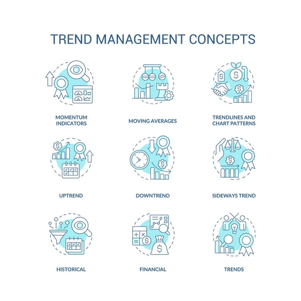 Trend management turquoise concept icons set. Tendencies analysing process. Strategy idea thin line color illustrations. Isolated symbols. Editable stroke. Roboto-Medium, Myriad Pro-Bold fonts used