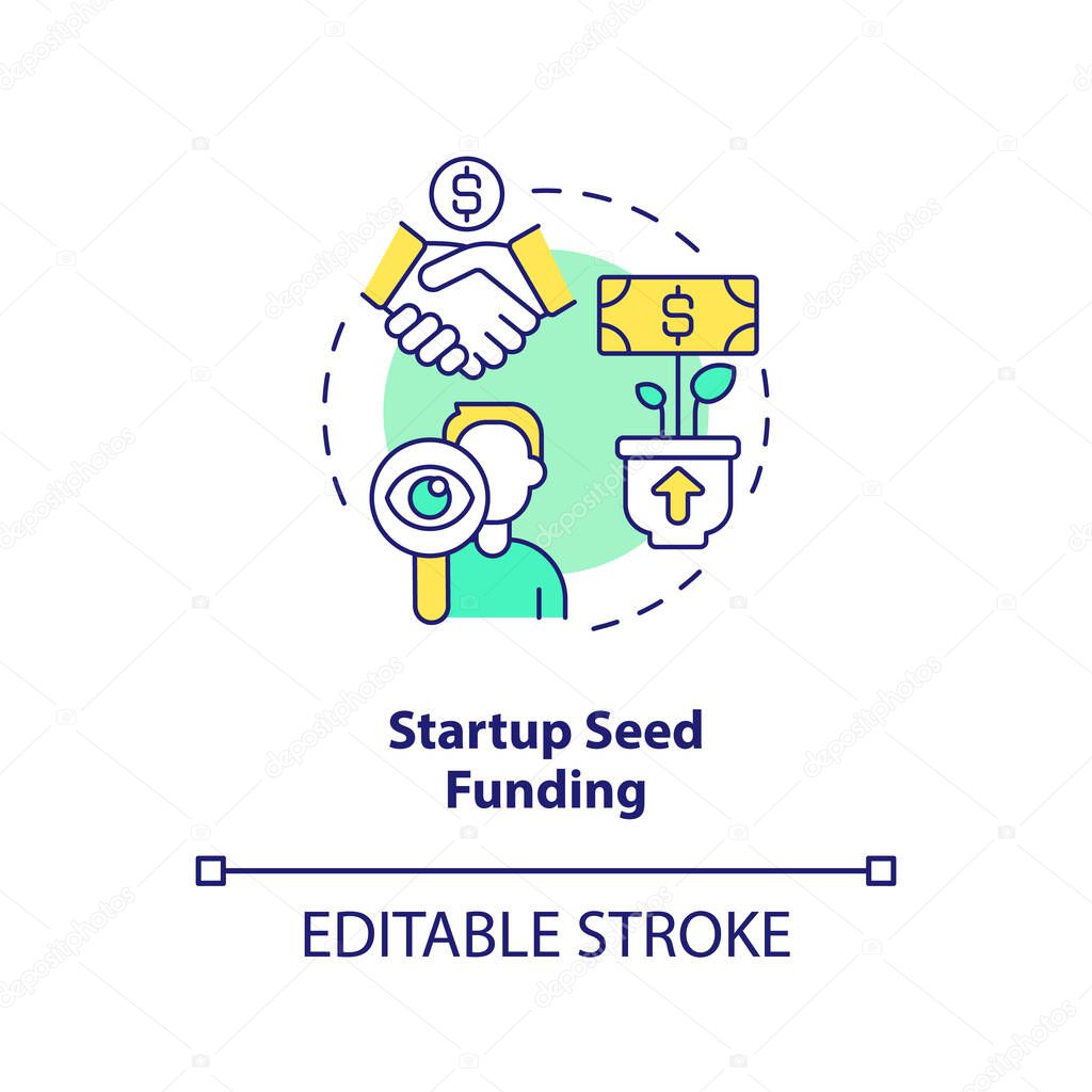 Startup seed funding concept icon. Small business program abstract idea thin line illustration. Personal income growth. Isolated outline drawing. Editable stroke. Arial, Myriad Pro-Bold fonts used