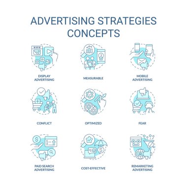 Advertising strategies turquoise concept icons set. Marketing campaign idea thin line color illustrations. Mobile, display. Isolated symbols. Editable stroke. Roboto-Medium, Myriad Pro-Bold fonts used