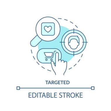 Targeted turquoise concept icon. Benefit of digital advertising abstract idea thin line illustration. Focus on customer. Isolated outline drawing. Editable stroke. Arial, Myriad Pro-Bold fonts used
