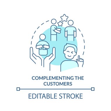 Complementing customers turquoise concept icon. Marketing campaign technique abstract idea thin line illustration. Isolated outline drawing. Editable stroke. Arial, Myriad Pro-Bold fonts used