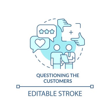 Questioning customers turquoise concept icon. Common advertising approach abstract idea thin line illustration. Isolated outline drawing. Editable stroke. Arial, Myriad Pro-Bold fonts used