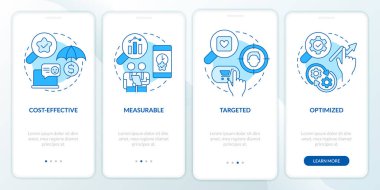 Digital advertising pros blue onboarding mobile app screen. Promotion walkthrough 4 steps editable graphic instructions with linear concepts. UI, UX, GUI template. Myriad Pro-Bold, Regular fonts used