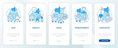 Emotional appeals in business blue onboarding mobile app screen. Walkthrough 5 steps editable graphic instructions with linear concepts. UI, UX, GUI template. Myriad Pro-Bold, Regular fonts used