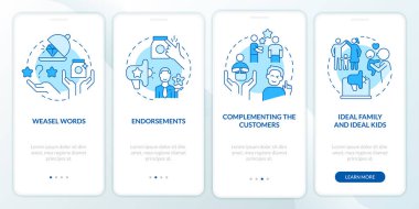 Advertisement campaign elements blue onboarding mobile app screen. Walkthrough 4 steps editable graphic instructions with linear concepts. UI, UX, GUI template. Myriad Pro-Bold, Regular fonts used