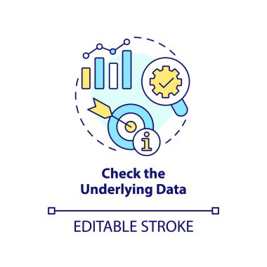 Check underlying data concept icon. Prevent wrong deal. Trend evaluation abstract idea thin line illustration. Isolated outline drawing. Editable stroke. Arial, Myriad Pro-Bold fonts used