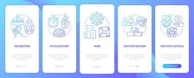 Kinds of new business support blue gradient onboarding mobile app screen. Walkthrough 5 steps graphic instructions with linear concepts. UI, UX, GUI template. Myriad Pro-Bold, Regular fonts used