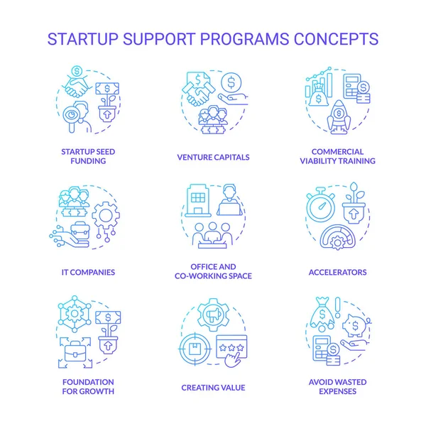 Startup Support Programs Blue Gradient Concept Icons Set Funding Small — Vector de stock