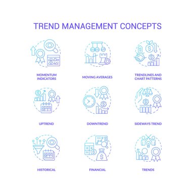 Trend management blue gradient concept icons set. Tendencies analysing process. Business strategy idea thin line color illustrations. Isolated symbols. Roboto-Medium, Myriad Pro-Bold fonts used
