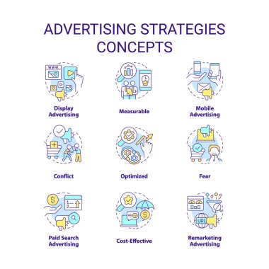 Advertising strategies concept icons set. Marketing campaign idea thin line color illustrations. Mobile and display ads. Isolated symbols. Editable stroke. Roboto-Medium, Myriad Pro-Bold fonts used