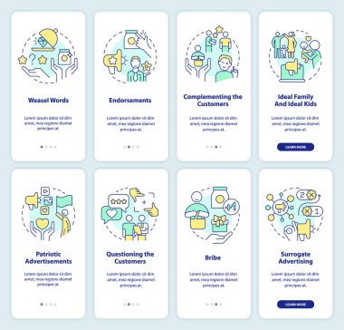 Advertising strategies onboarding mobile app screen set. Business plan walkthrough 5 steps editable graphic instructions with linear concepts. UI, UX, GUI template. Myriad Pro-Bold, Regular fonts used